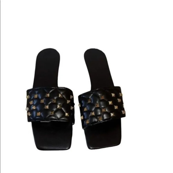 Square Toe Black Quilted Studded Summer Sandals Size 8.5 - Picture 12 of 15